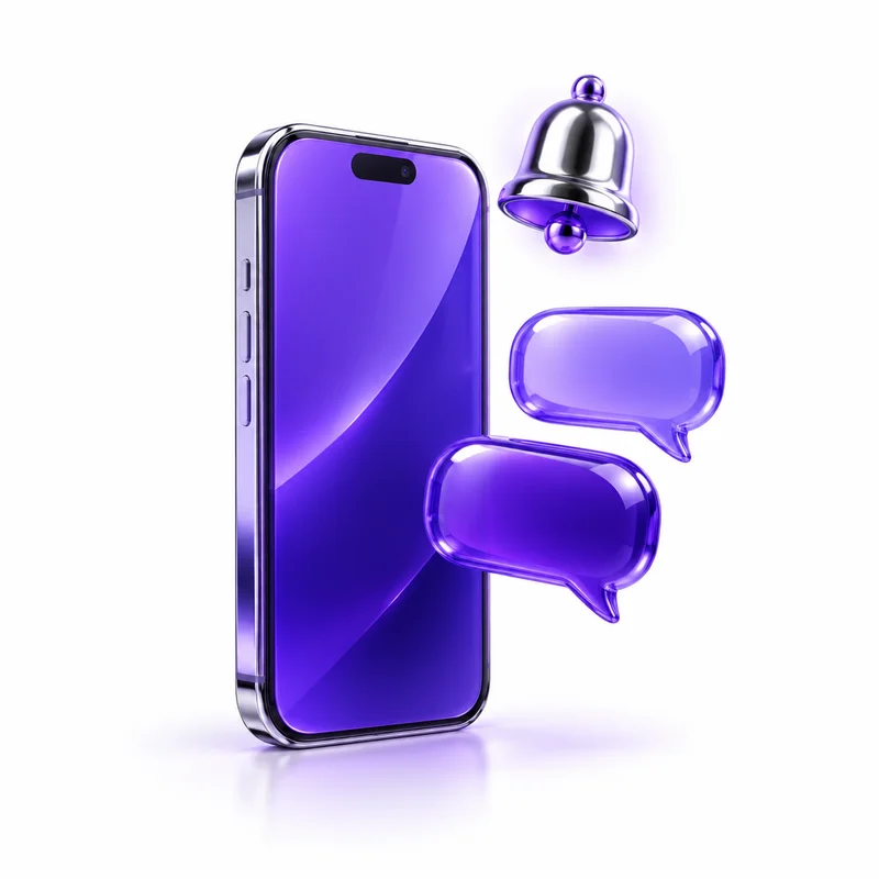 Glossy smartphone with chat bubbles and a notification bell